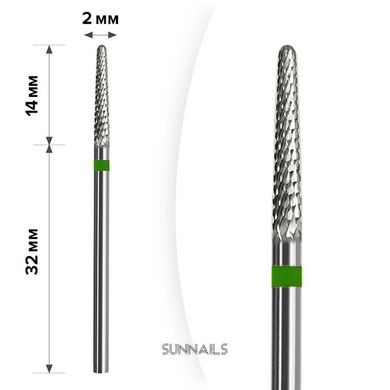 mART Твердосплавна фреза для зняття гель-лаку, M-102 — Конус, зелений, 2*14 мм