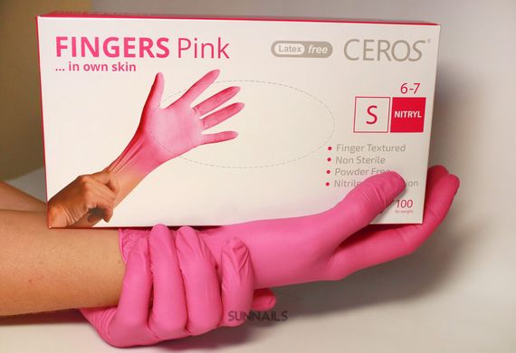 CEROS Рукавички нітрилові, розмір S, неопудрені, Fingers Pink